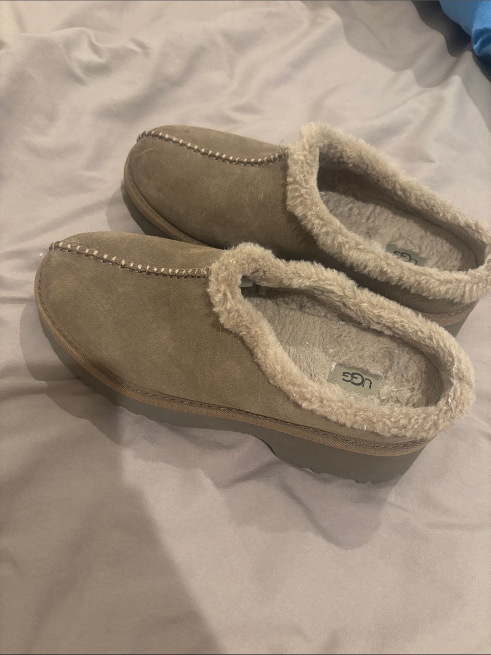 UGG Women's Taupe Suede Shearling Clog Mules